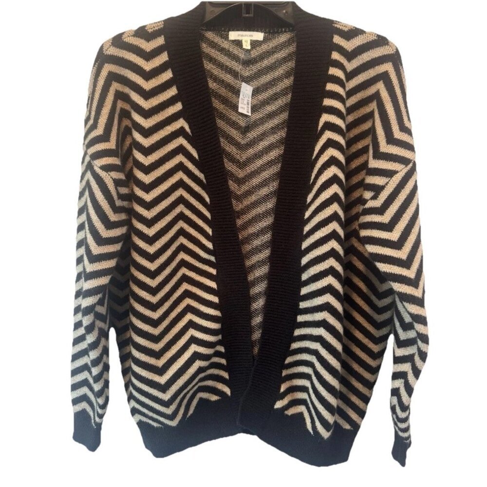 Womens Black Tan Chevron Pattern Open Front Cardigan Sweater L NEW‎ Classic